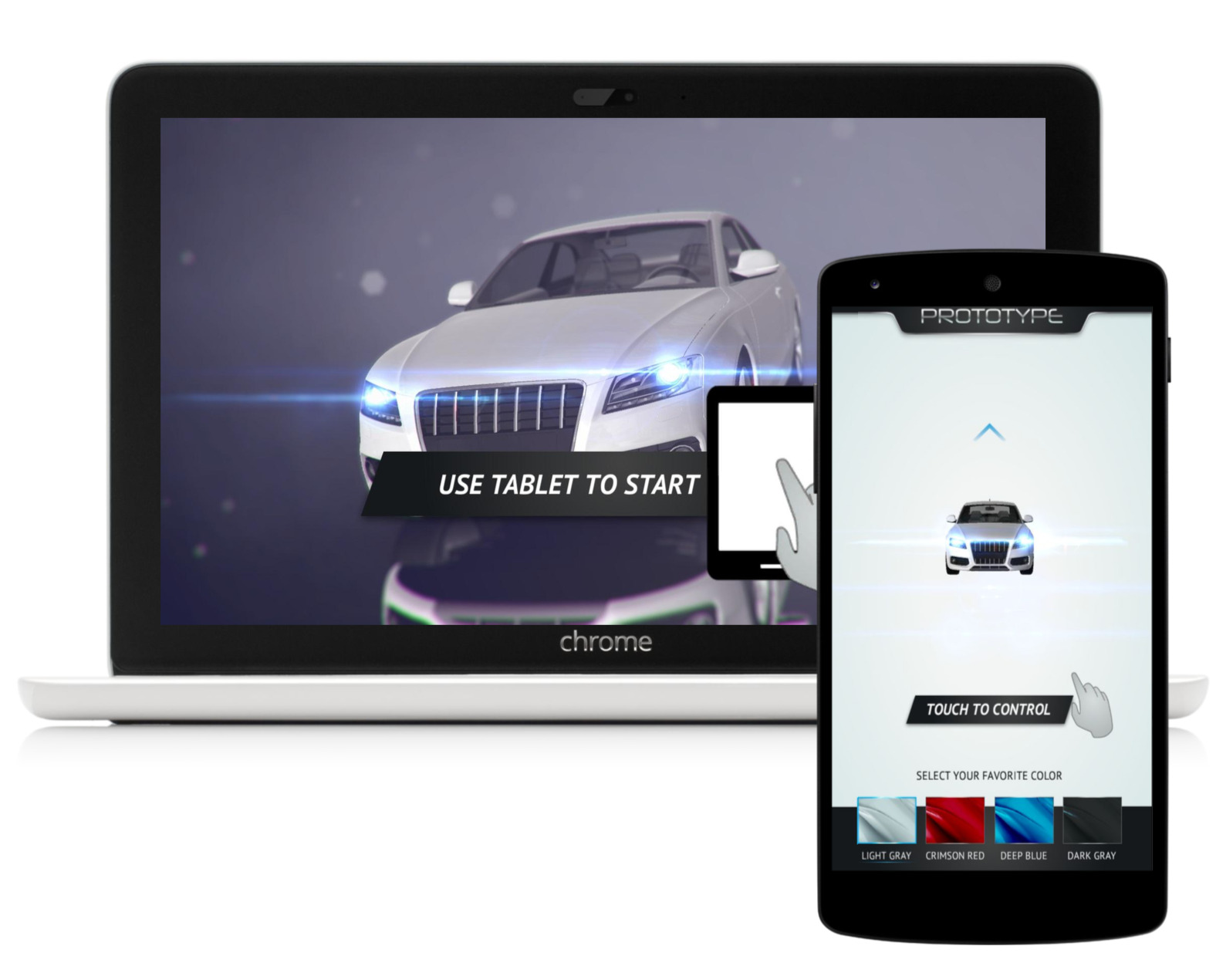 Tablet and large format screen showing a car